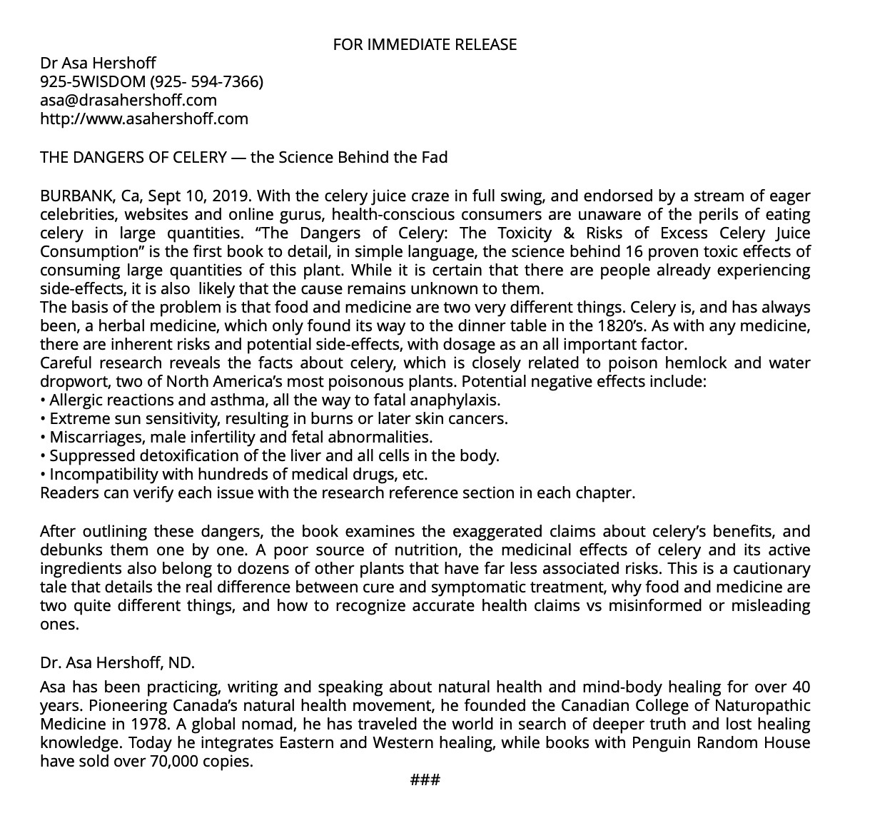 Dangers of Celery - Press Release